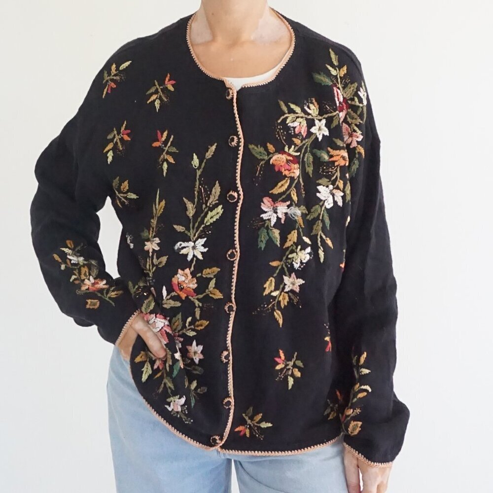 Vintage Tara Black Floral Embroidered Knit Cotton Cottagecore Cardigan L